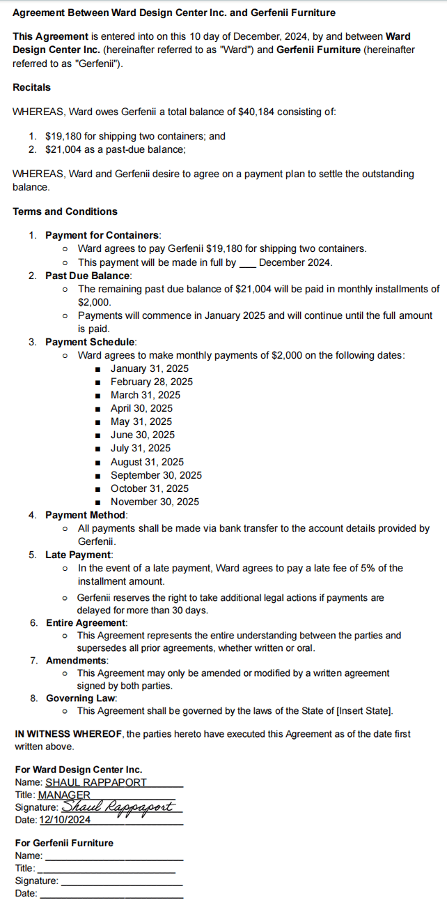 Image of the installment agreement with the cheater Valyou Furniture